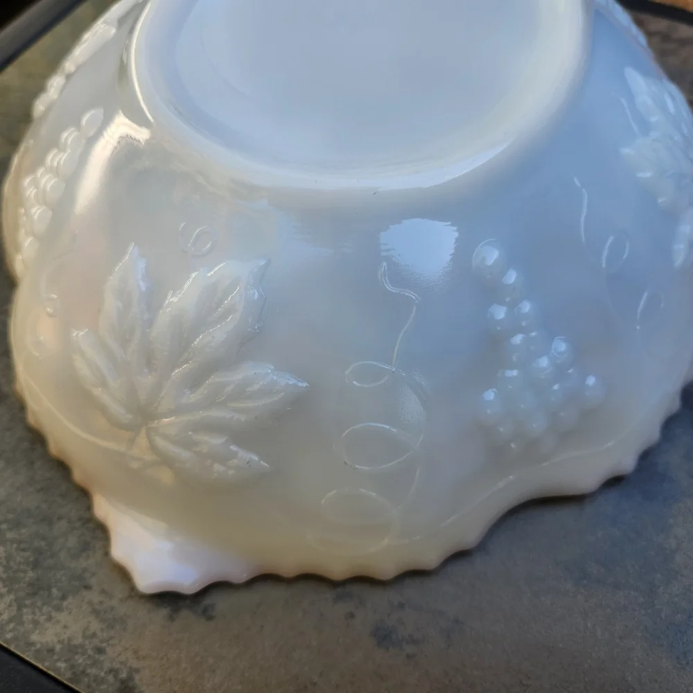 Vintage Anchor Hocking Milkglass Bowl With Grape & Vine Pattern and Gold Trim